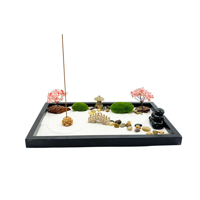 Zen garden kit with cherry blossom trees, pagoda lantern, bridge and incense in black tray